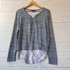 White House Black Market Top Womens Size Medium Petite Plaid Hem Knit Pullover